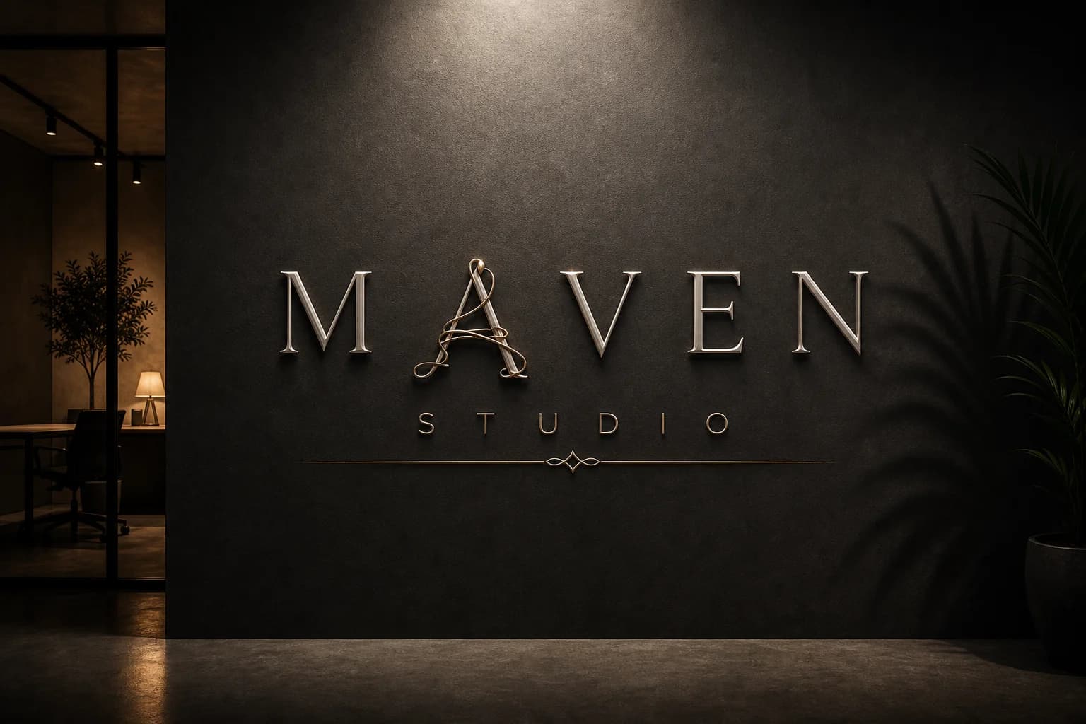 Интерьер Maven Studio с фирменным знаком на стене