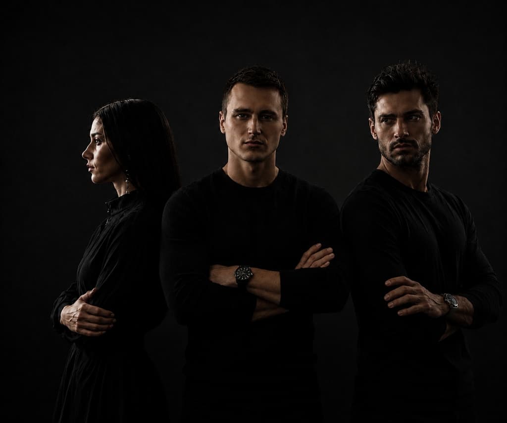 Три специалиста Maven Studio в темной editorial-съемке